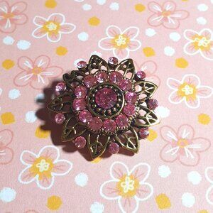 Vintage Pink Rhinestone Flower Brooch Gold Tone Design Gift Costume Grandma